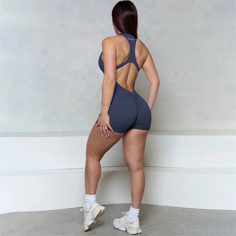 Women Bum Sleeveless ZIPPER Scrunch Butt Romper Women Sporty Jumpsuit Lycra Short Fitness Gym Overalls 2025 New Workout Clothes