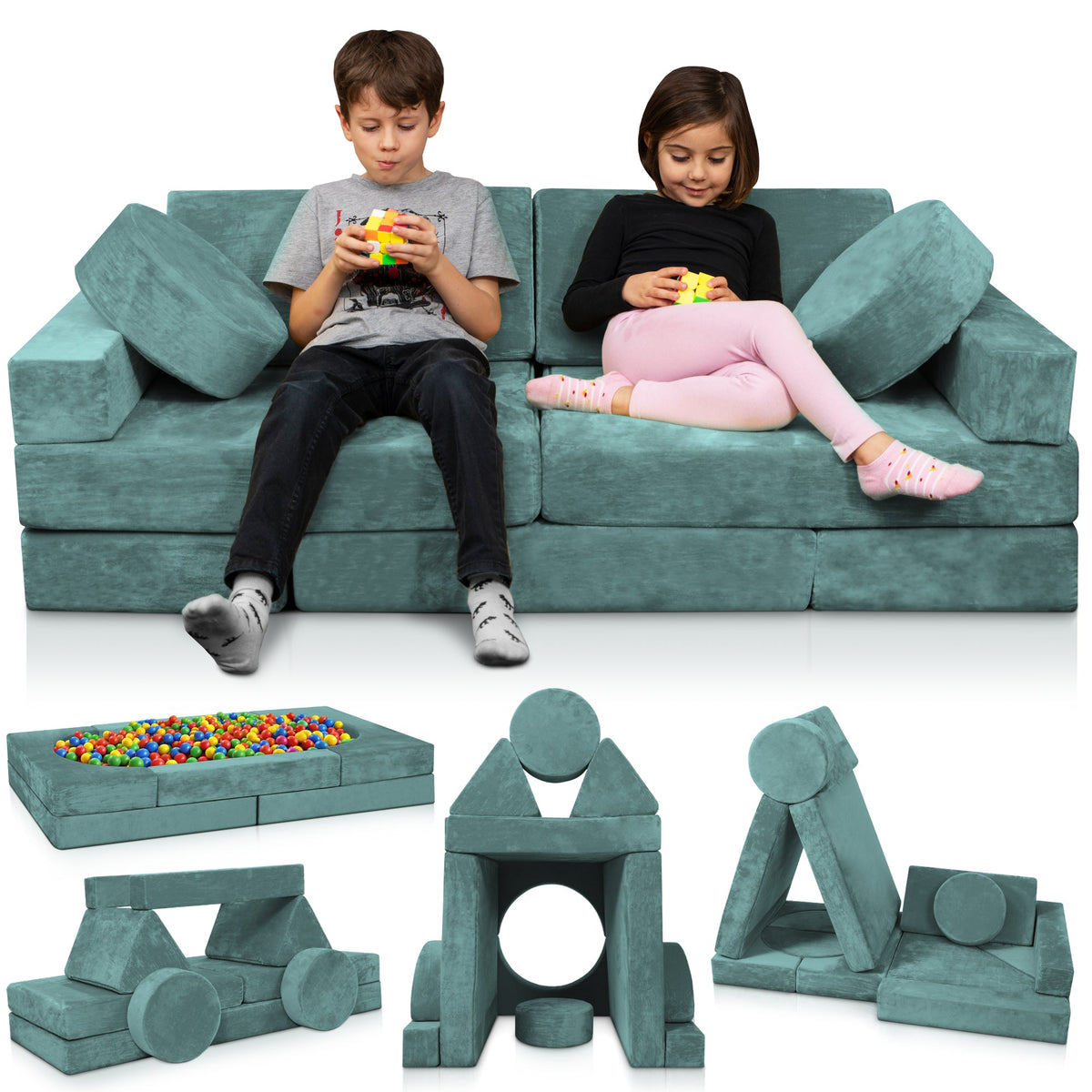 LX15 14pcs Modular Play Couch, Sage Teal