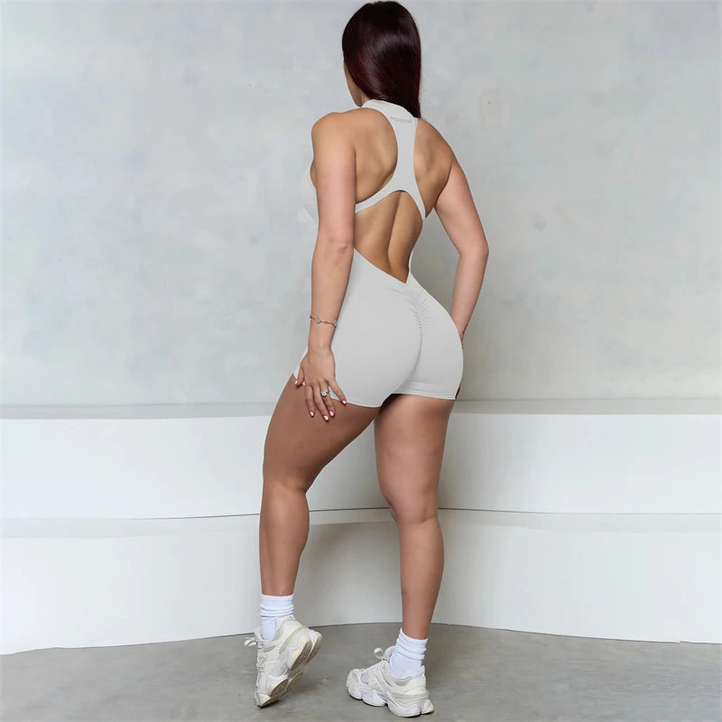 Women Bum Sleeveless ZIPPER Scrunch Butt Romper Women Sporty Jumpsuit Lycra Short Fitness Gym Overalls 2025 New Workout Clothes