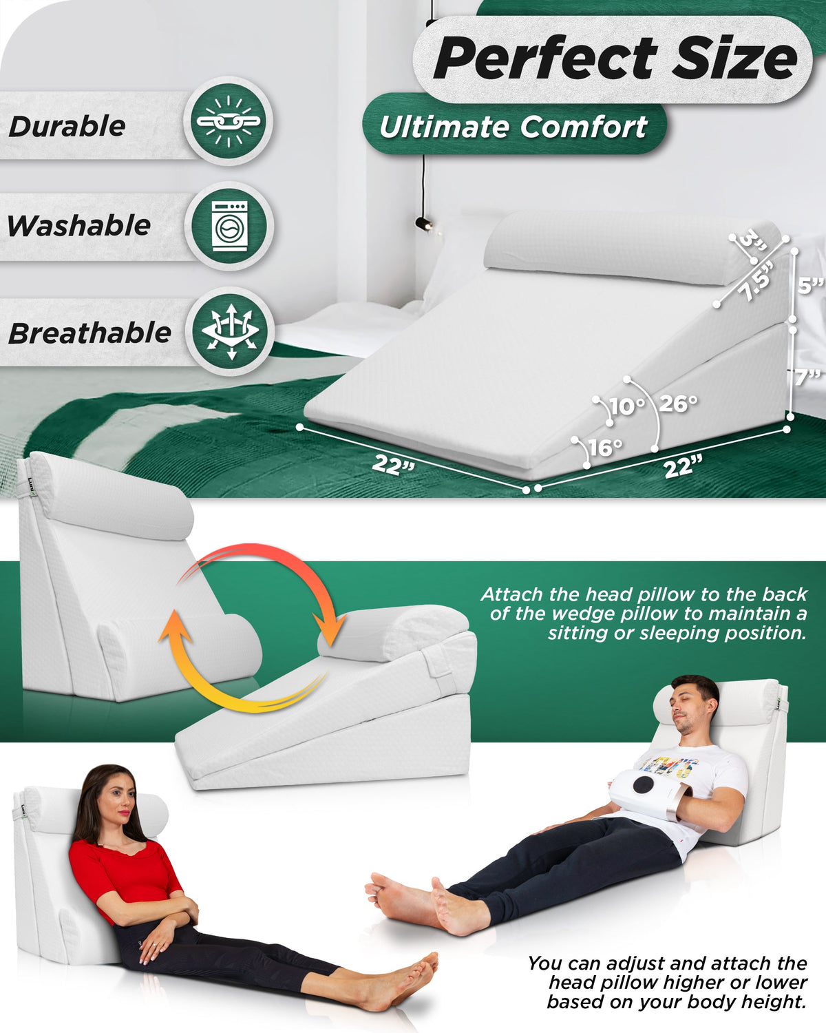 LX8 4-Piece Support for Nighttime Digestive Discomfort & Easier Breathing, Wedge Pillow Set, Pebble White