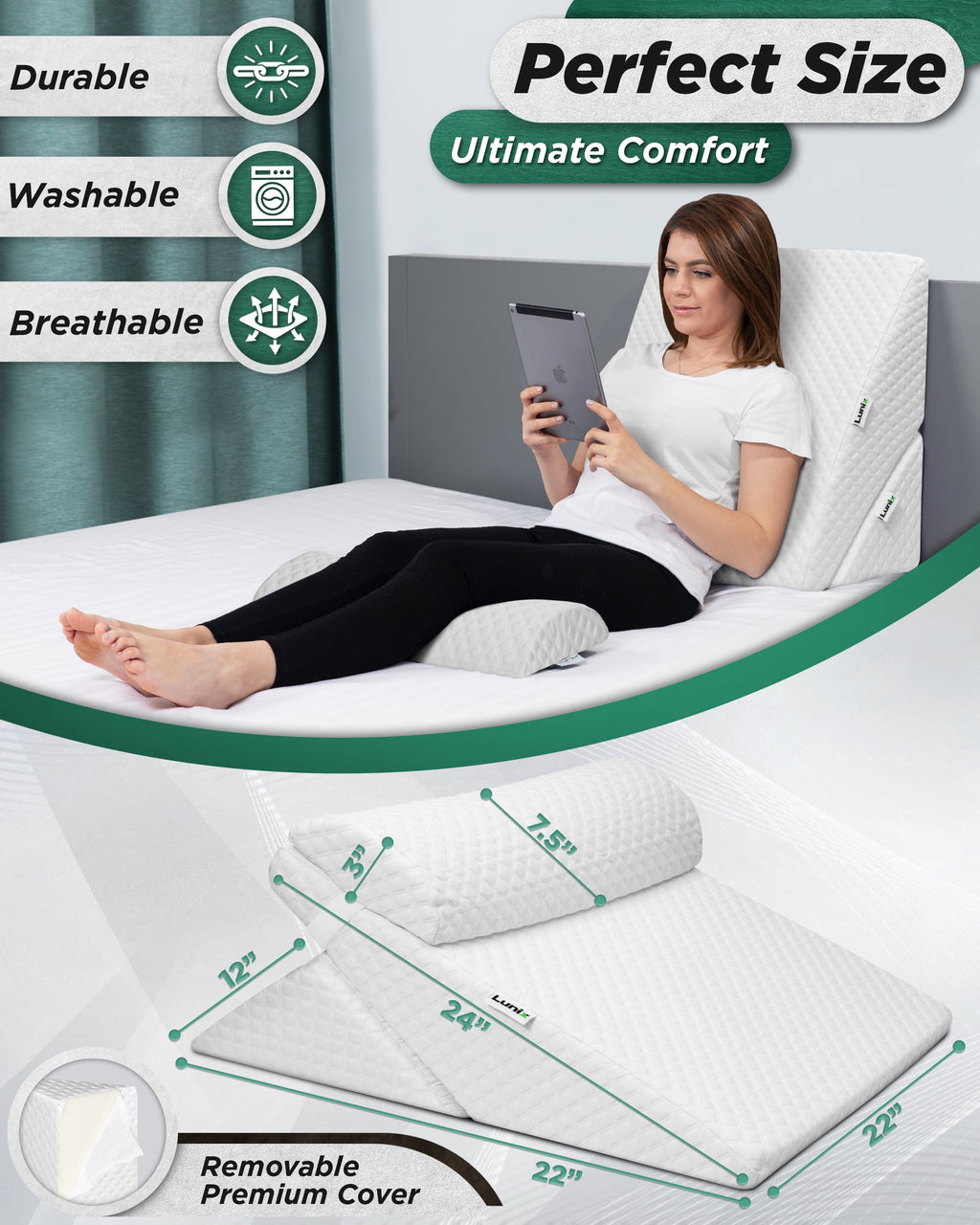 LX6 3-Piece Compact Support for Reading, Rest & Leg Elevation, Wedge Pillow Set, Pebble White