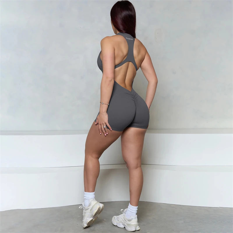 Women Bum Sleeveless ZIPPER Scrunch Butt Romper Women Sporty Jumpsuit Lycra Short Fitness Gym Overalls 2025 New Workout Clothes