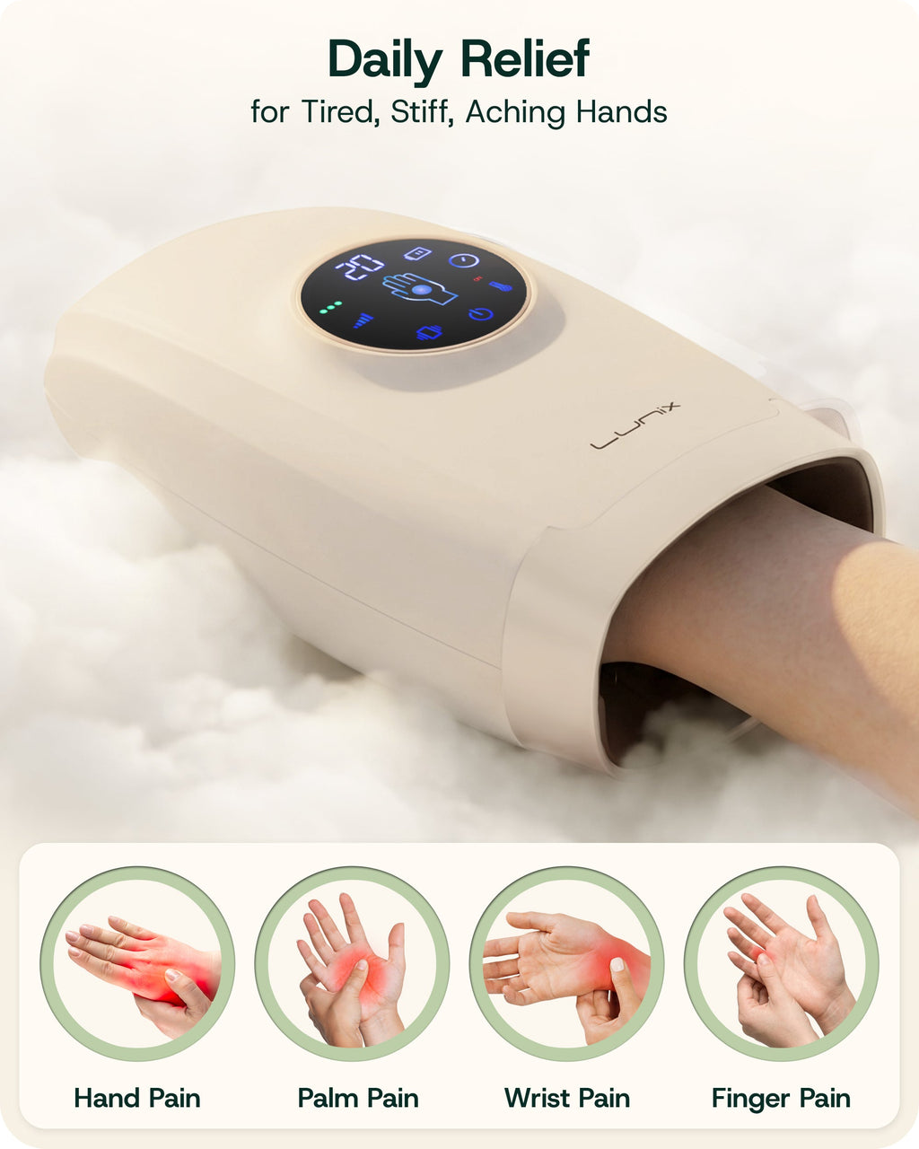 LX7 LCD Touchscreen Hand Massager, Heated Air Compression, Sand Beige