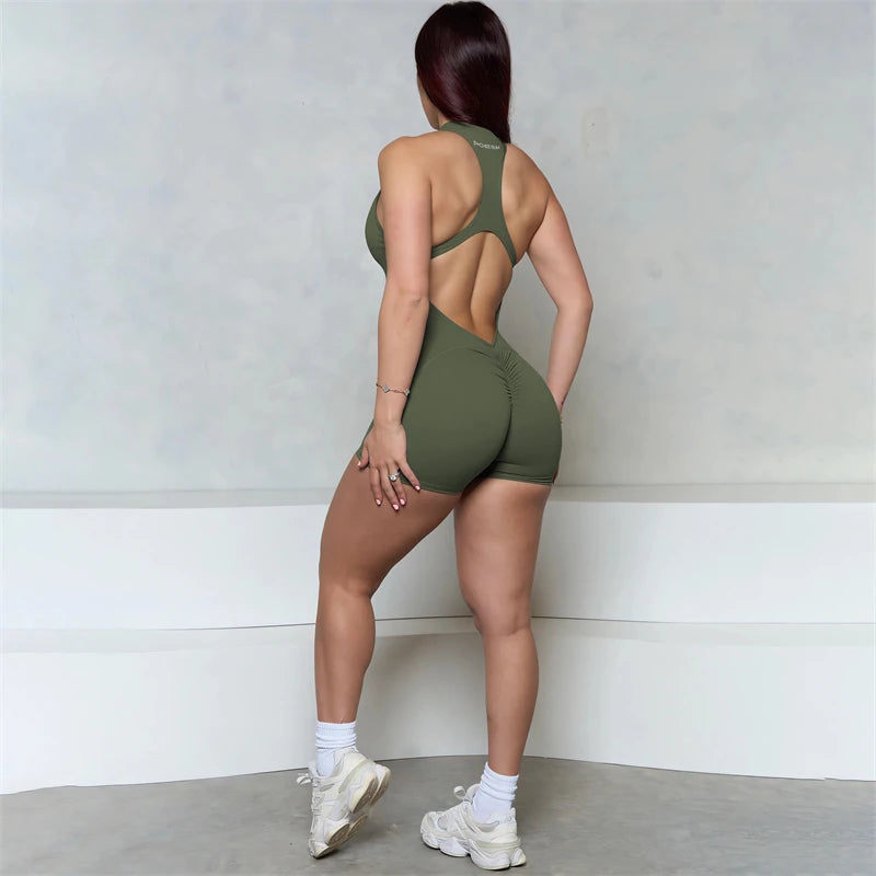 Women Bum Sleeveless ZIPPER Scrunch Butt Romper Women Sporty Jumpsuit Lycra Short Fitness Gym Overalls 2025 New Workout Clothes