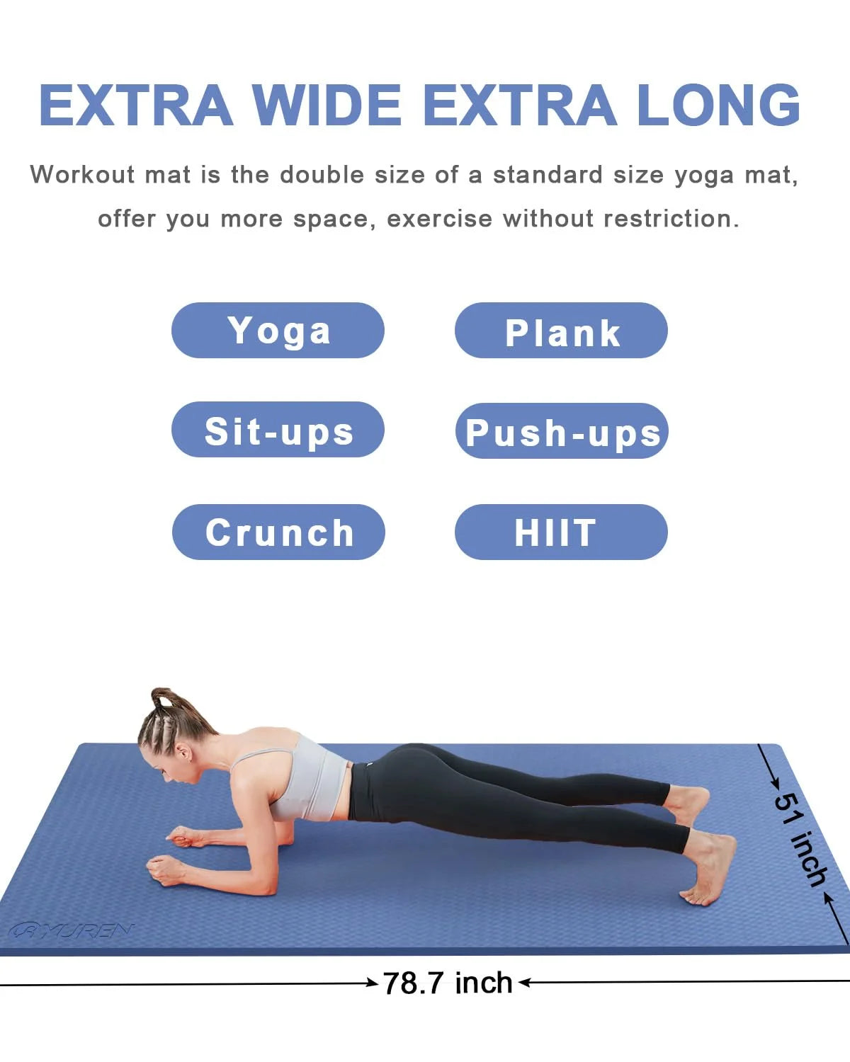 Large Yoga Pilates Mat Thick 1/2 Inch TPE Non-Slip Exercise Training Workouts Mats, 78"X51", Blue