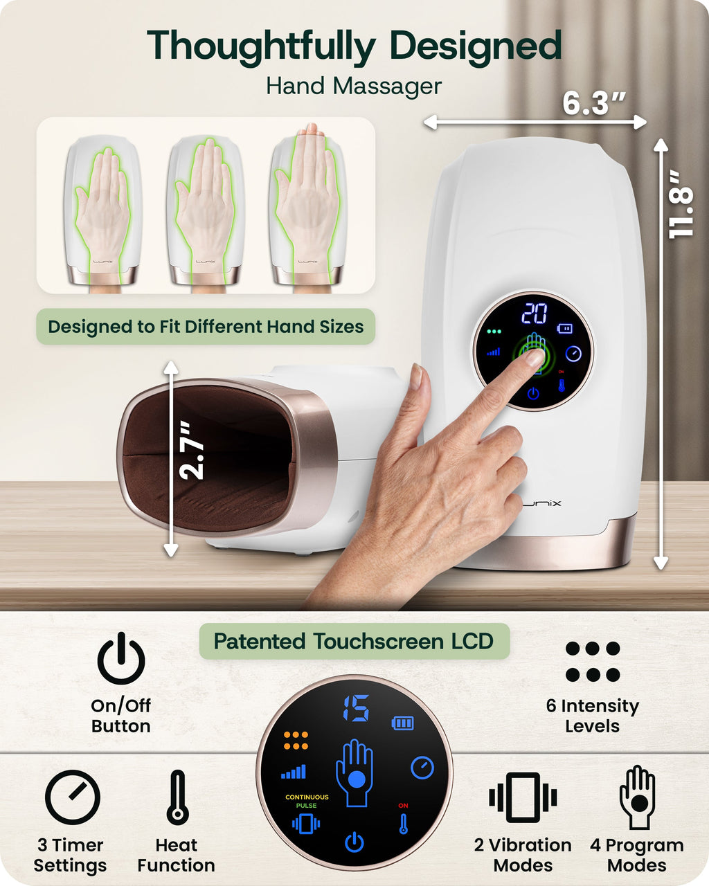 LX7 LCD Touchscreen Hand Massager, Heated Air Compression, Lunar White