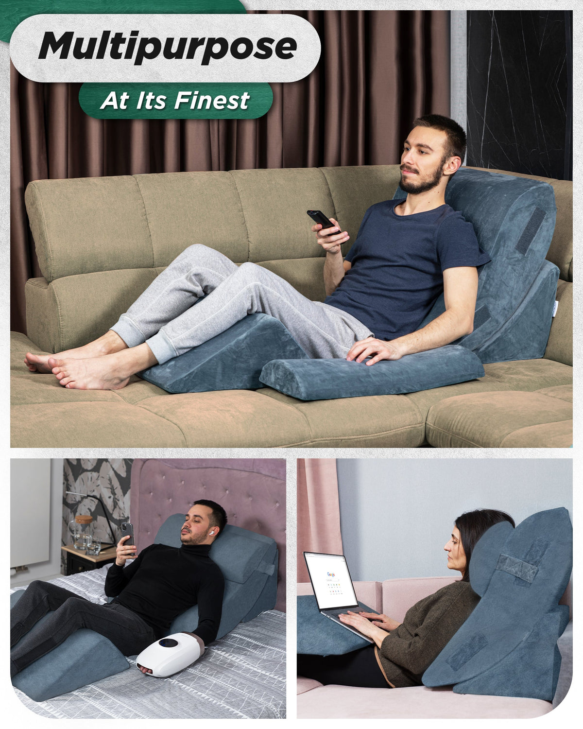 LX5 4-Piece Support for Shoulder & Upper Body Rest, Orthopedic Bed Wedge Pillow Set, Stone Navy