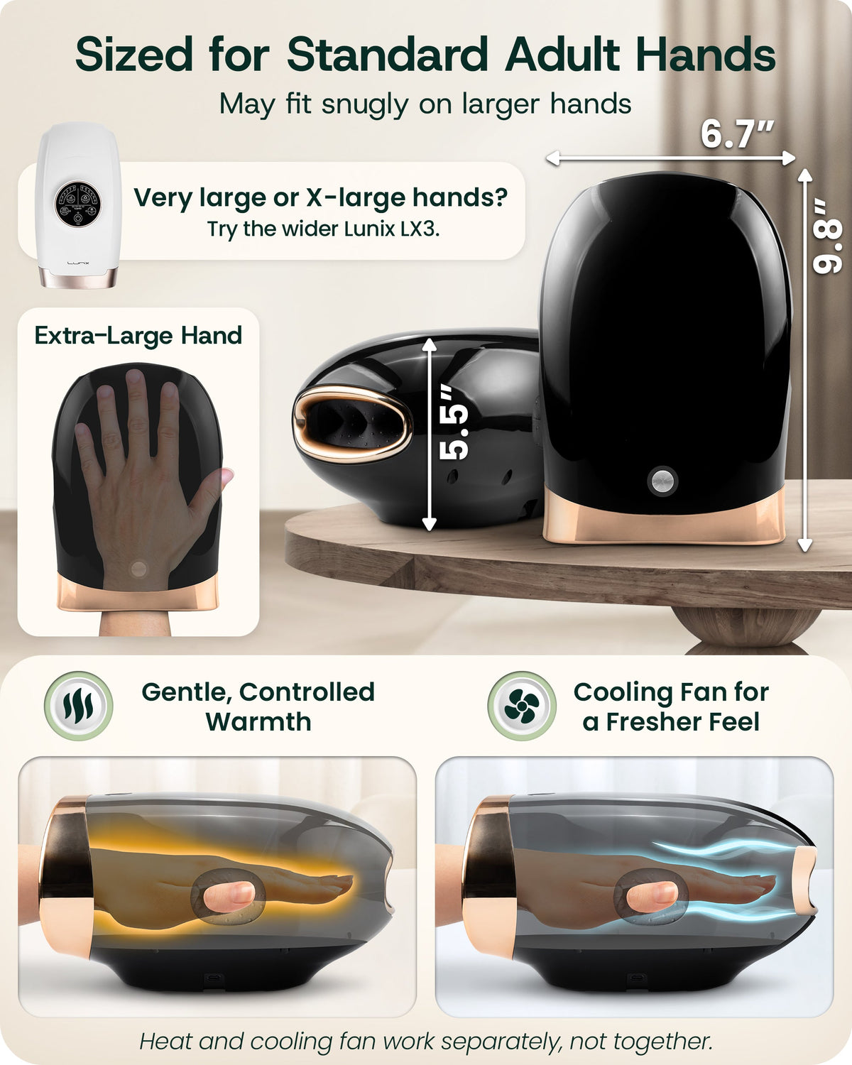 LX30 Rolling Hand Massager, Kneading + Compression, Heat + Cooling Fan, Charcoal Black