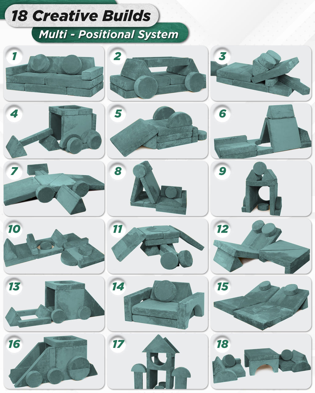 LX15 14pcs Modular Play Couch, Sage Teal