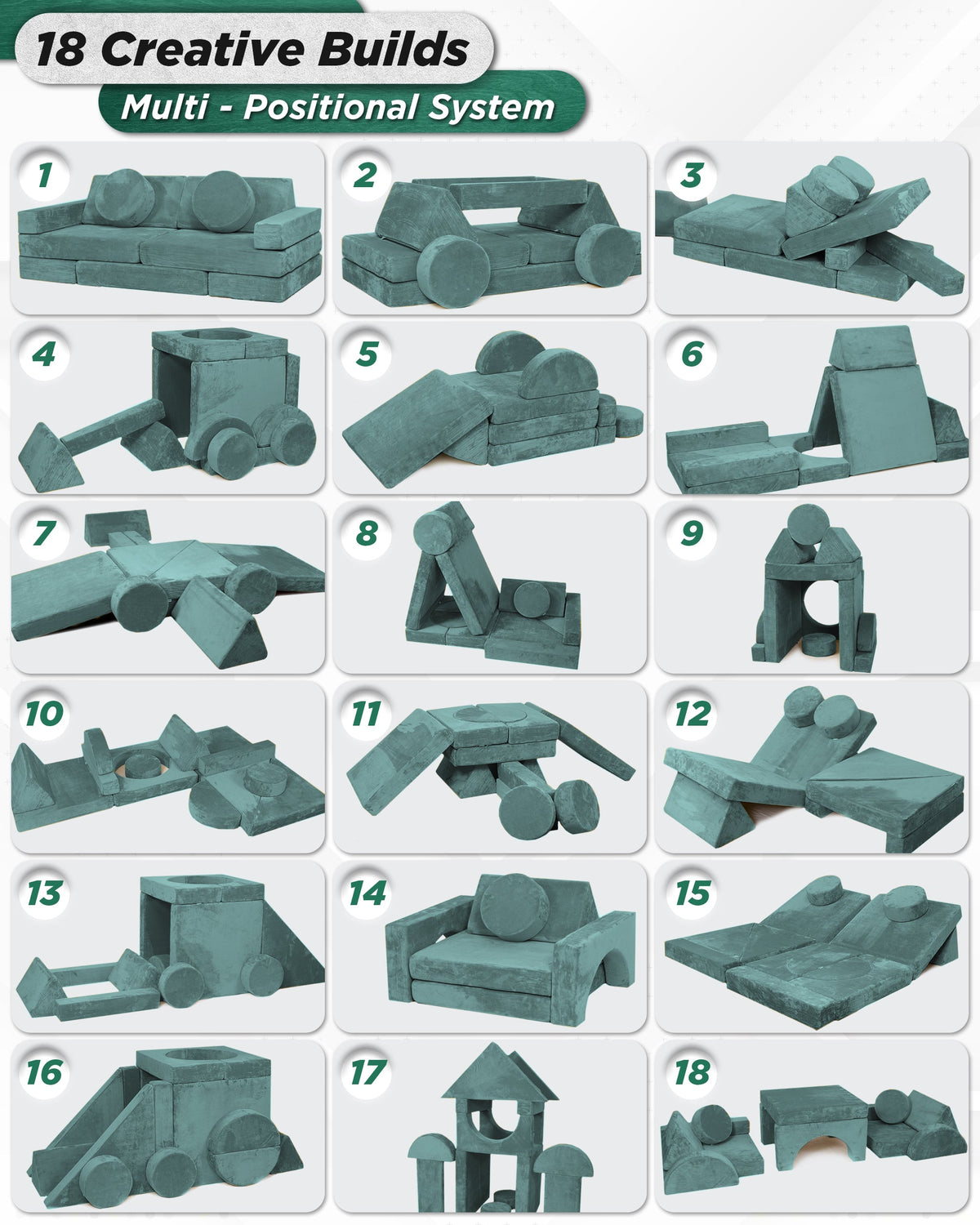 LX15 14pcs Modular Play Couch, Sage Teal