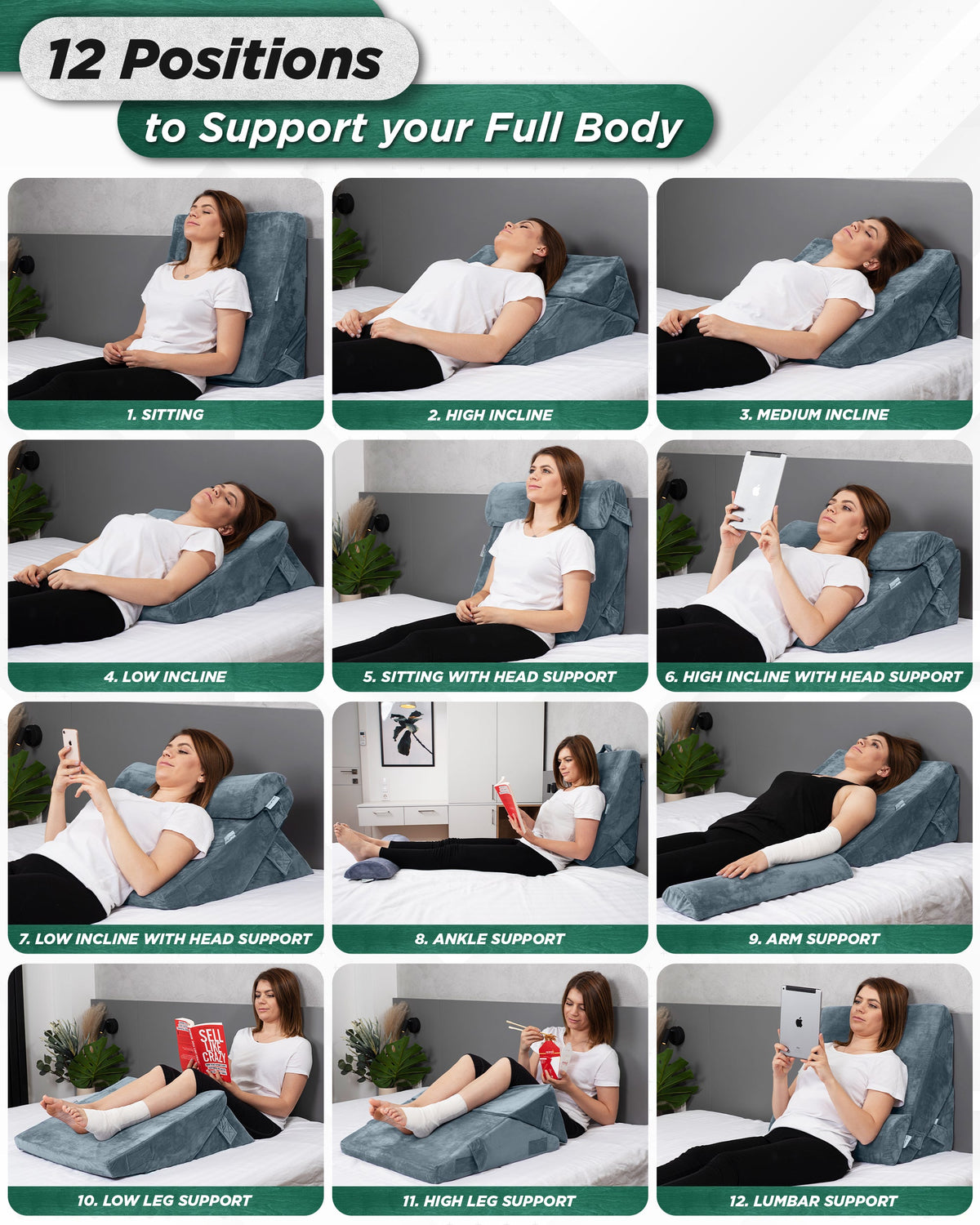 LX6 3-Piece Compact Support for Reading, Rest & Leg Elevation, Wedge Pillow Set, Stone Navy