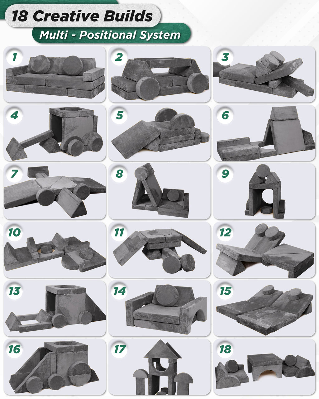 LX15 14pcs Modular Play Couch, Granite Gray