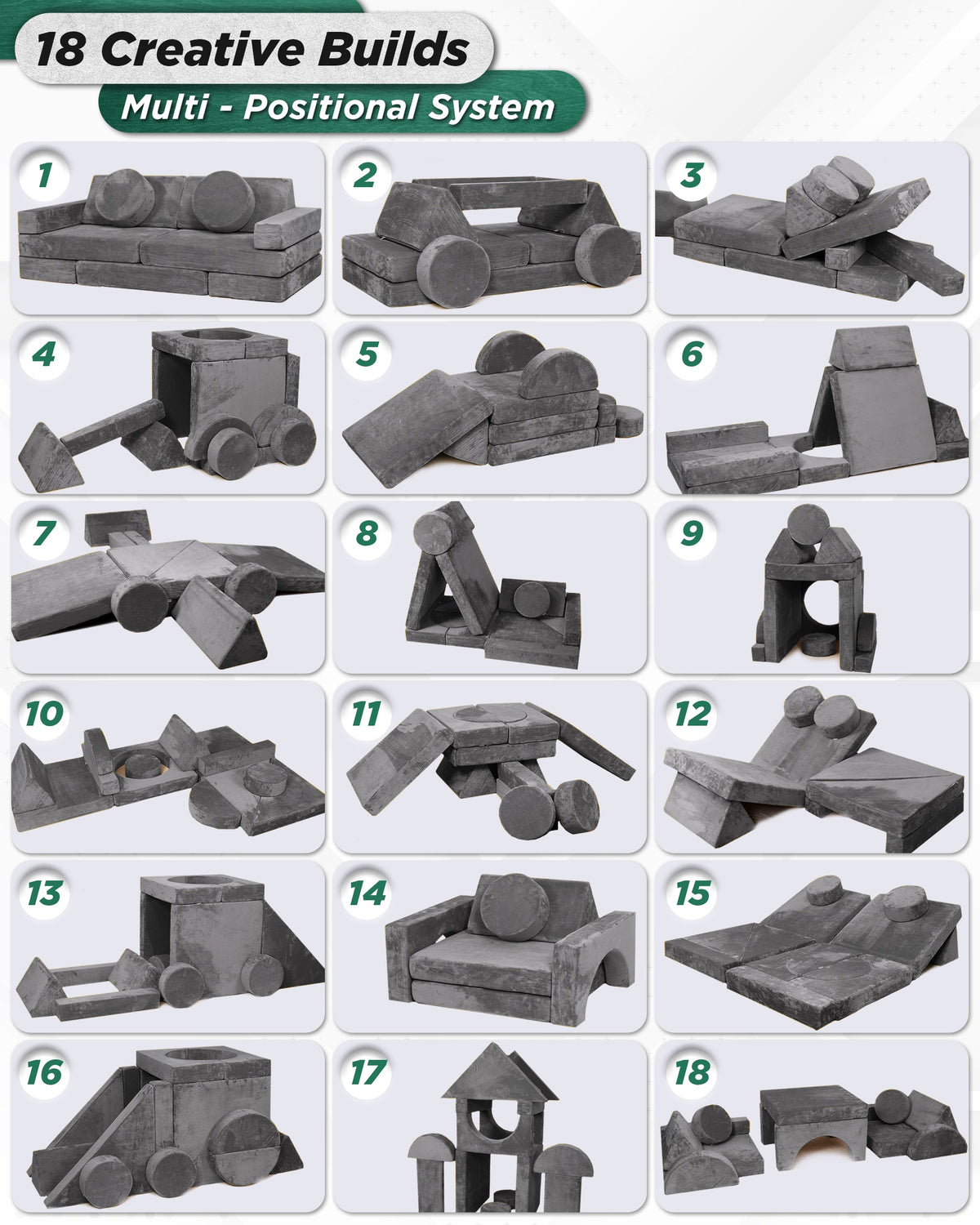 LX15 14pcs Modular Play Couch, Granite Gray