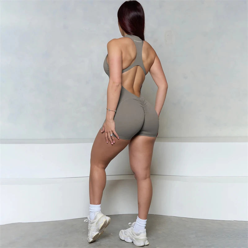 Women Bum Sleeveless ZIPPER Scrunch Butt Romper Women Sporty Jumpsuit Lycra Short Fitness Gym Overalls 2025 New Workout Clothes