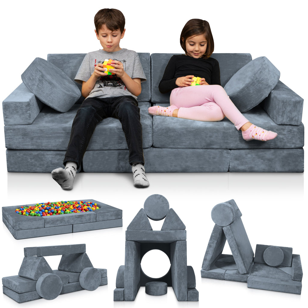 Lunix LX15 14pcs Modular Play Couch (Stone Gray) + Extra Serenity Blue Cover Bundle