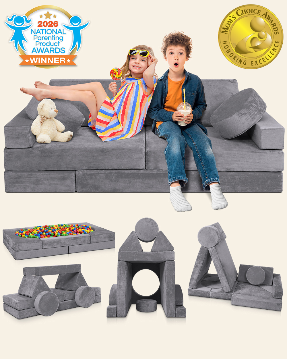 LX15 14pcs Modular Play Couch, Granite Gray