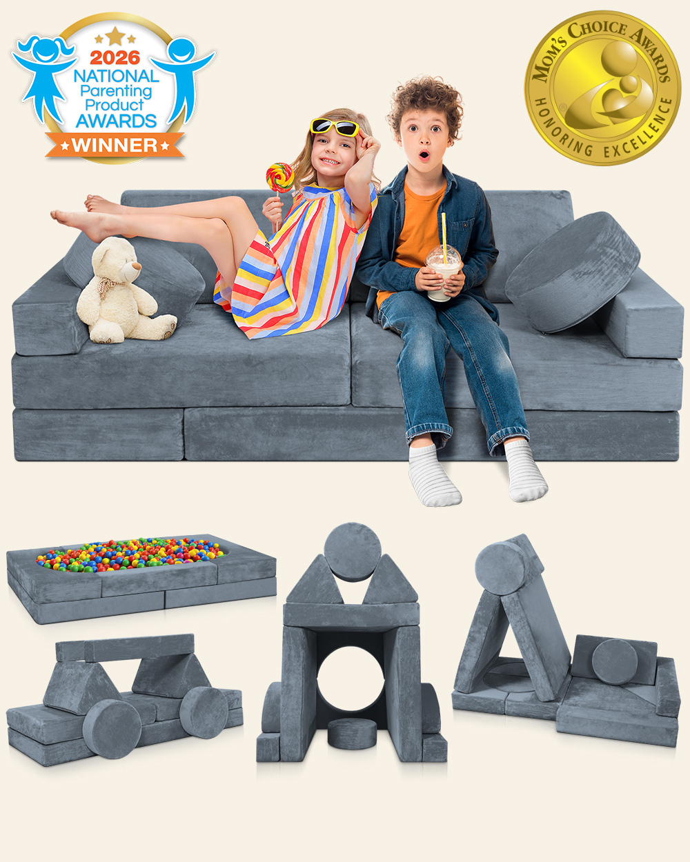 LX15 14pcs Modular Play Couch, Stone Gray