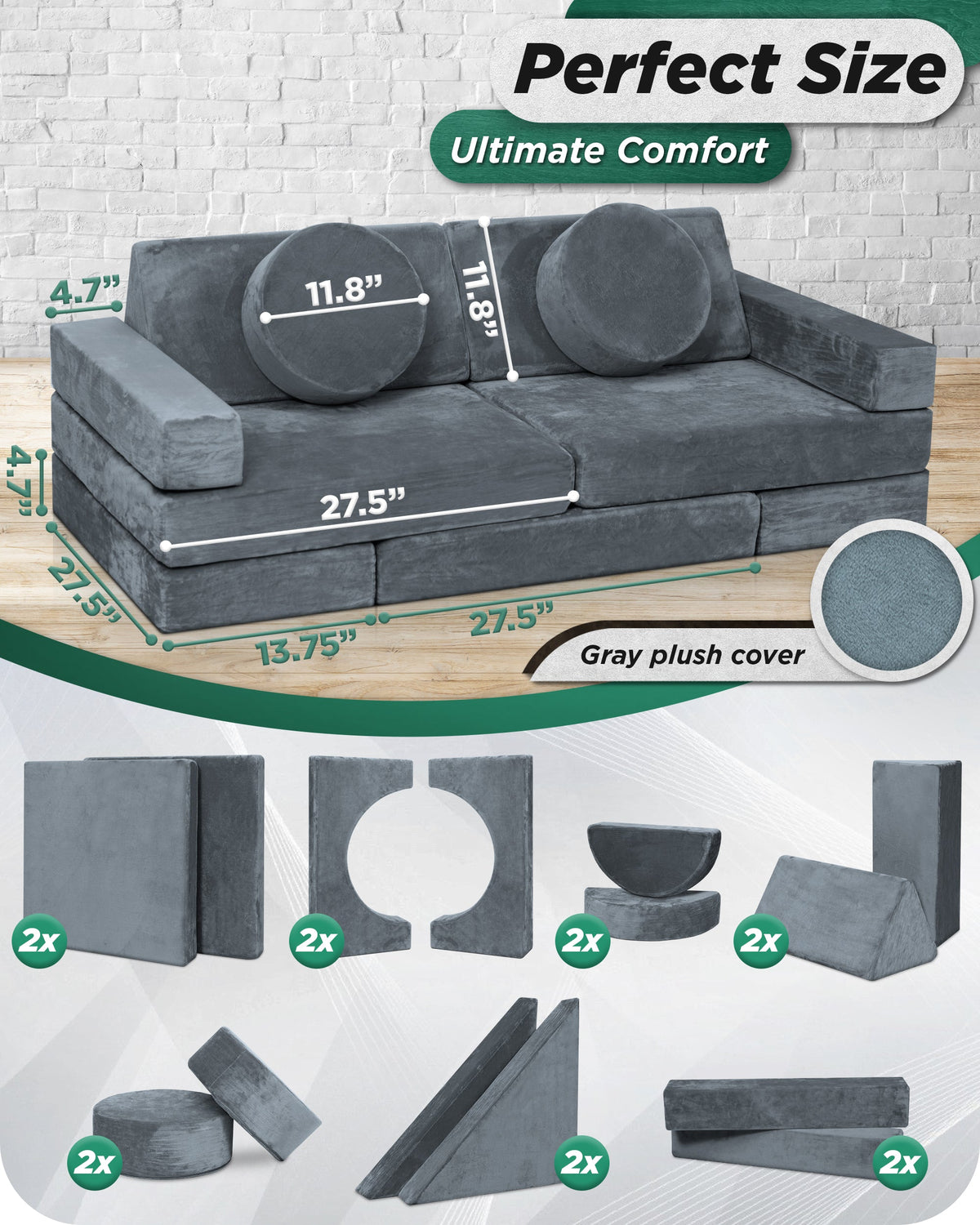 LX15 14pcs Modular Play Couch, Stone Gray
