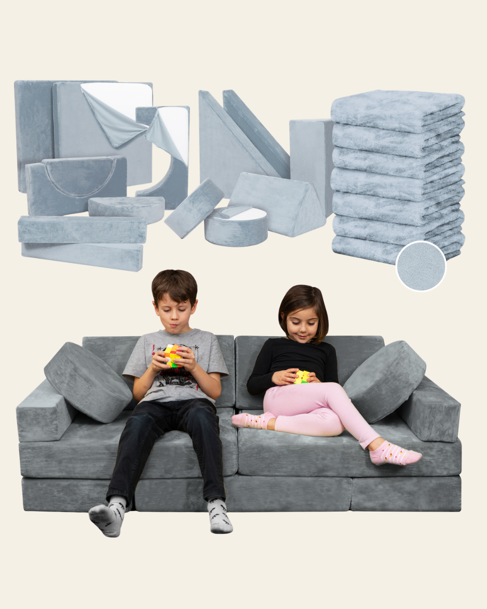 Lunix LX15 14pcs Modular Play Couch (Stone Gray) + Extra Serenity Blue Cover Bundle