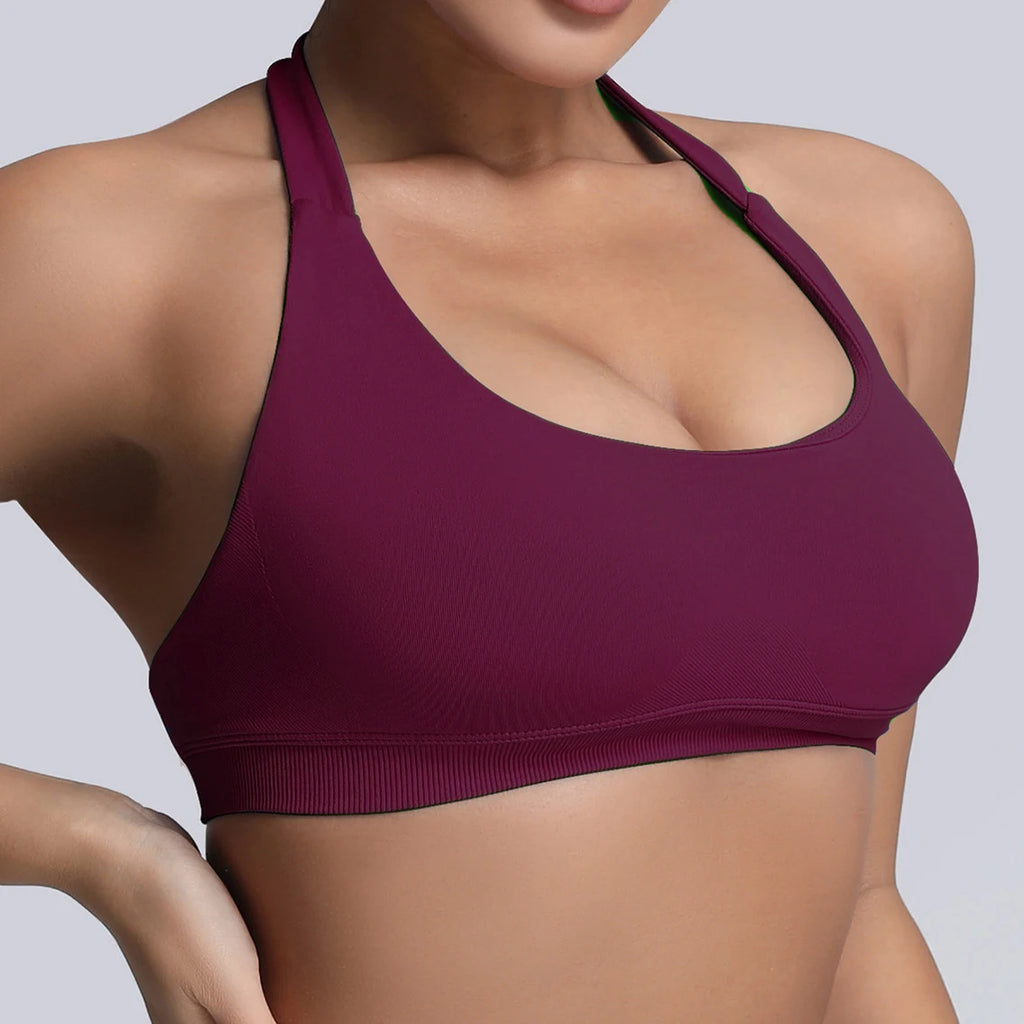 Seamless Push-Up Halter Sports Bra for Women – High Impact, Open Back, Fitness & Yoga Tank