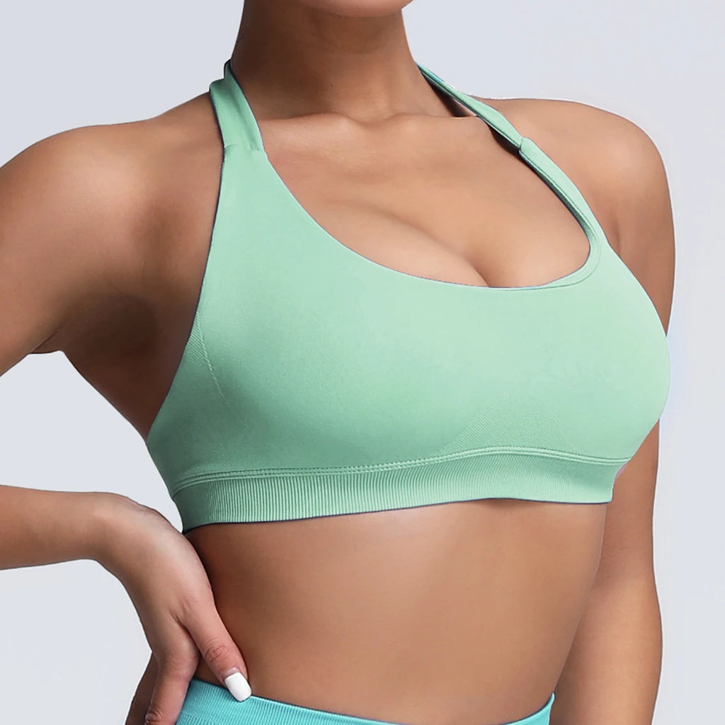 Seamless Push-Up Halter Sports Bra for Women – High Impact, Open Back, Fitness & Yoga Tank