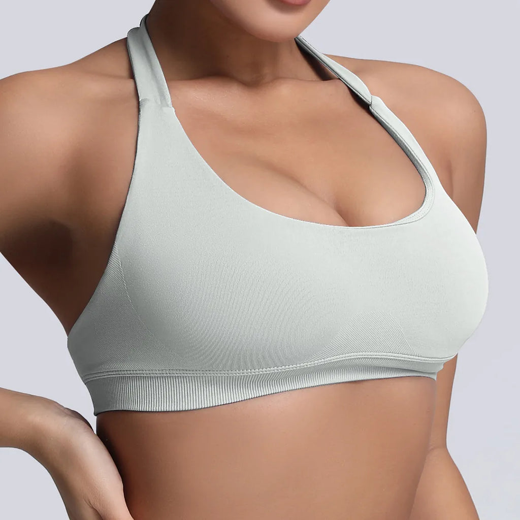 Seamless Push-Up Halter Sports Bra for Women – High Impact, Open Back, Fitness & Yoga Tank