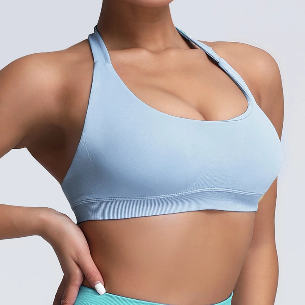 Seamless Push-Up Halter Sports Bra for Women – High Impact, Open Back, Fitness & Yoga Tank