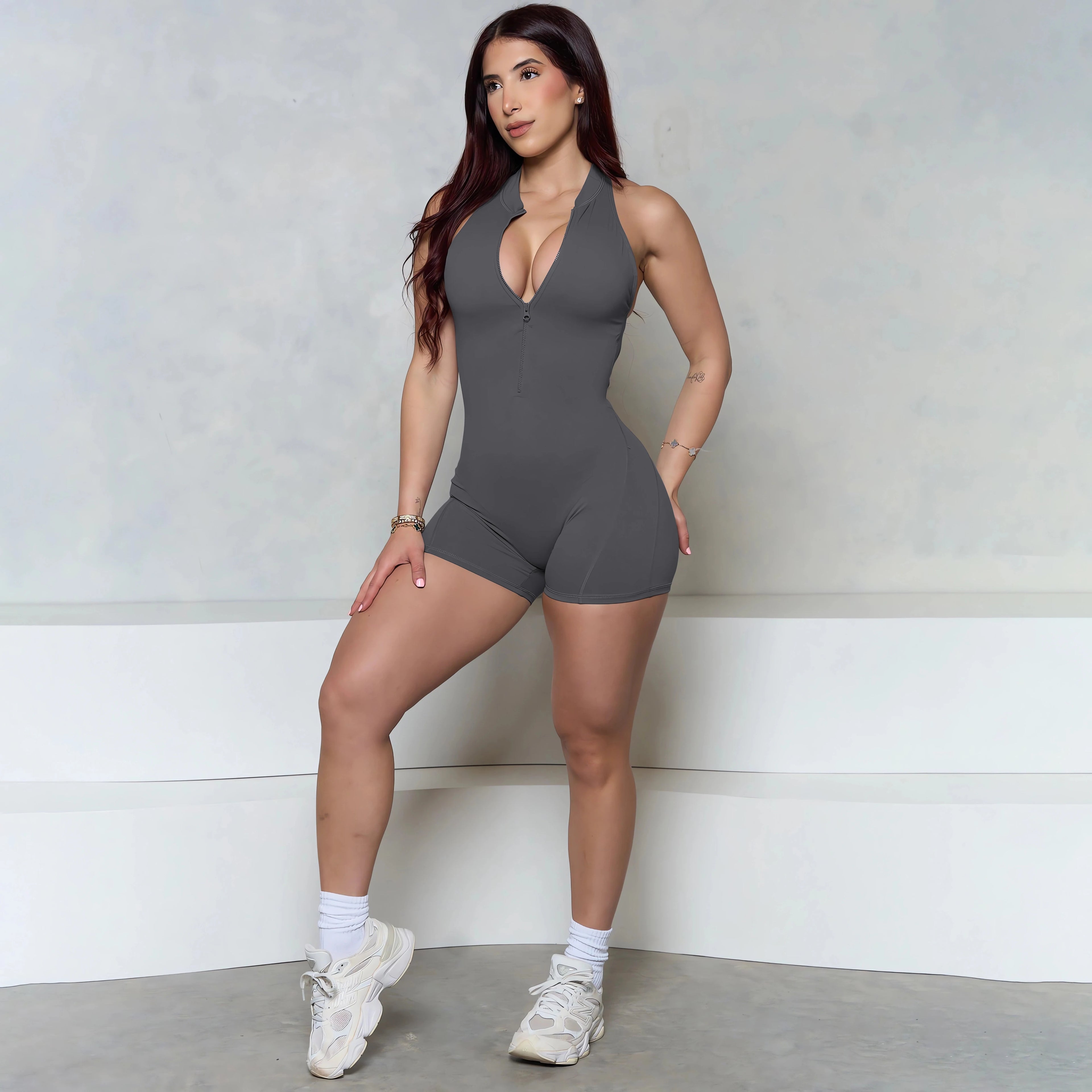 Women Bum Sleeveless ZIPPER Scrunch Butt Romper Women Sporty Jumpsuit Lycra Short Fitness Gym Overalls 2025 New Workout Clothes