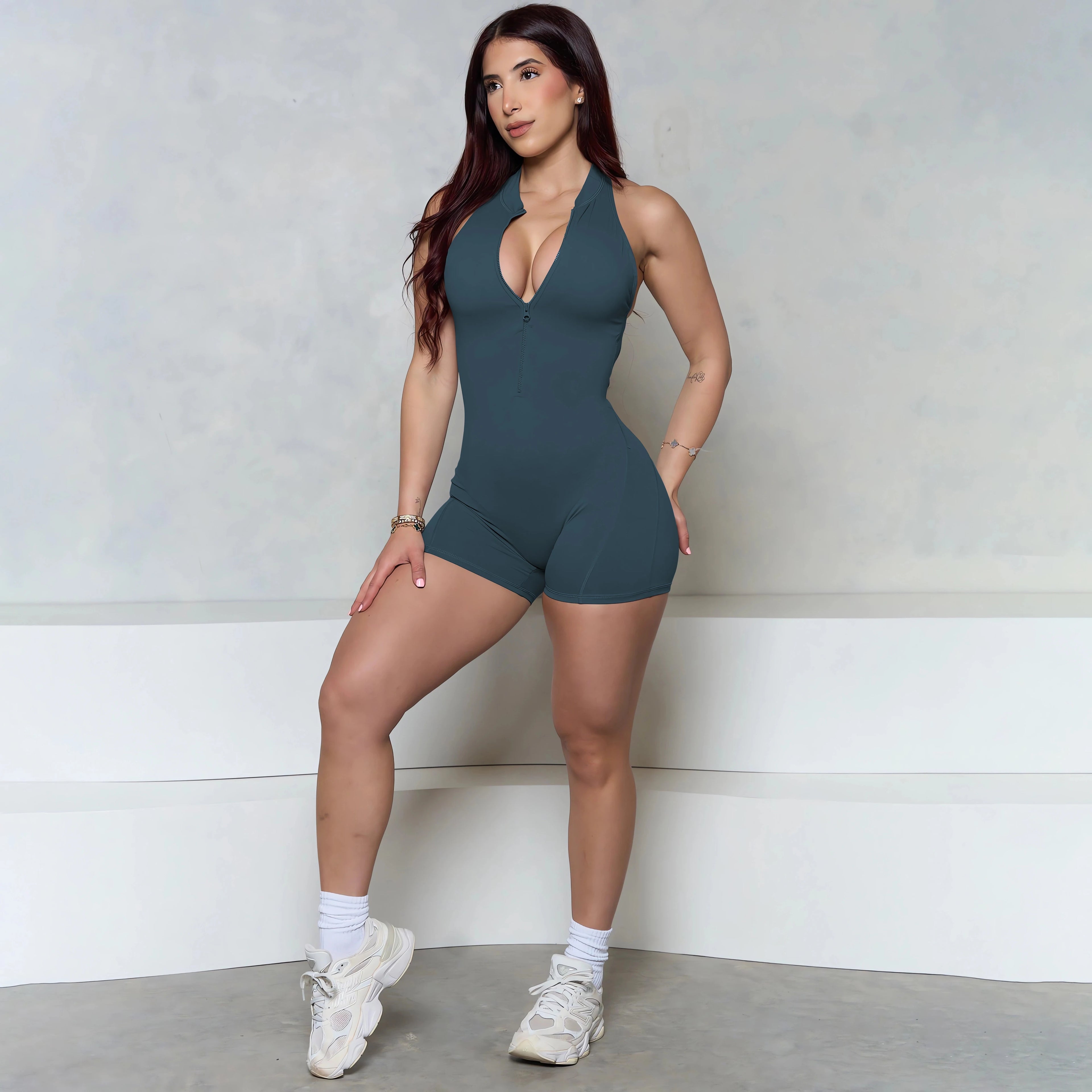 Women Bum Sleeveless ZIPPER Scrunch Butt Romper Women Sporty Jumpsuit Lycra Short Fitness Gym Overalls 2025 New Workout Clothes
