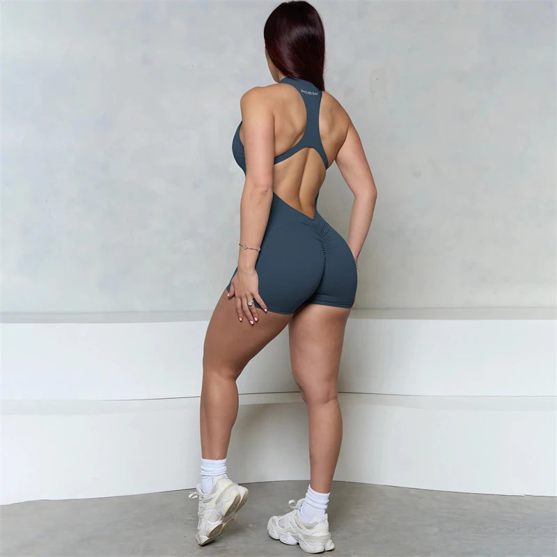 Women Bum Sleeveless ZIPPER Scrunch Butt Romper Women Sporty Jumpsuit Lycra Short Fitness Gym Overalls 2025 New Workout Clothes
