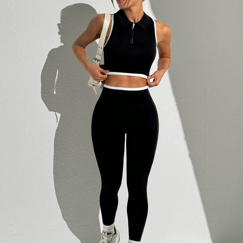 Zip-Front Seamless Yoga Set – Women’s Sport Suit with Turndown Colla