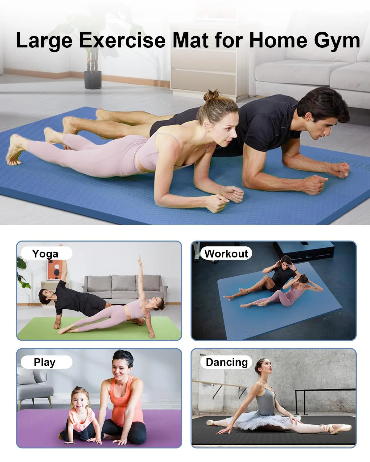 Large Yoga Pilates Mat Thick 1/2 Inch TPE Non-Slip Exercise Training Workouts Mats, 78"X51", Blue