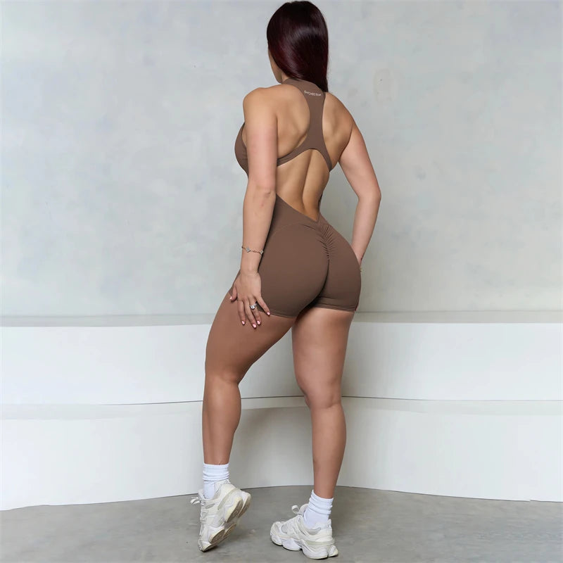 Women Bum Sleeveless ZIPPER Scrunch Butt Romper Women Sporty Jumpsuit Lycra Short Fitness Gym Overalls 2025 New Workout Clothes