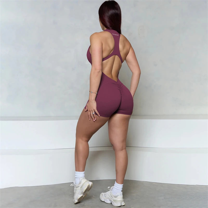 Women Bum Sleeveless ZIPPER Scrunch Butt Romper Women Sporty Jumpsuit Lycra Short Fitness Gym Overalls 2025 New Workout Clothes