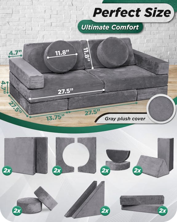 LX15 14pcs Modular Play Couch, Granite Gray